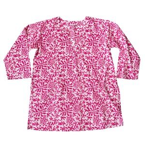 Pink White Coral Print Tunic Top Shirt 3/4 Sleeve 100% Cotton India Size L